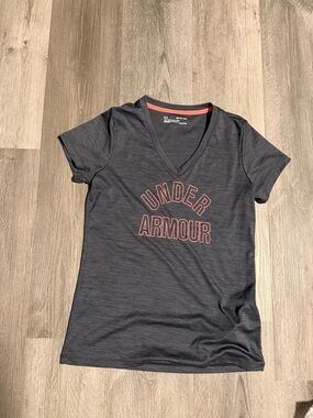 Under Armour Women's Dark Gray V-Neck Tee with Pink Logo